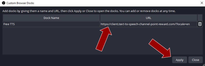 Adding a new Custom Browser Dock in OBS Studio