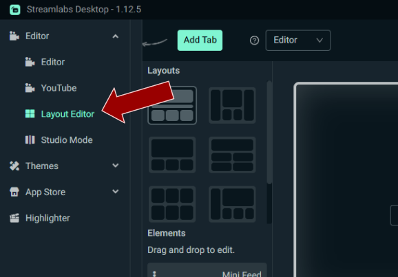 Opening the layout editor in Streamlabs Desktop
