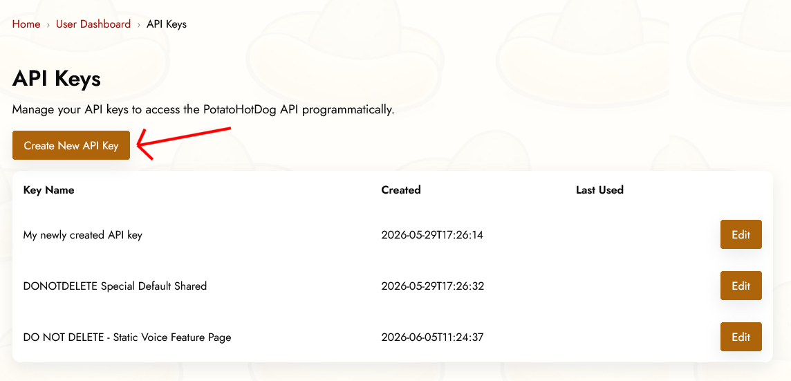 Generate an API key in the PotatoHotDog dashboard