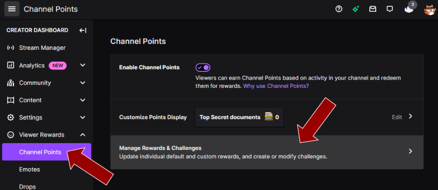 Open Manage Rewards & Challenges in Twitch