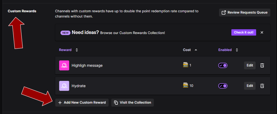 Click on the button Add New Custom Reward in Twitch