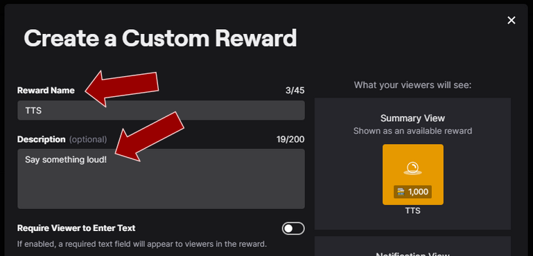 Add a name and description for the Twitch channel reward