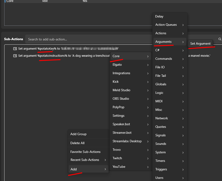 Add a Set Argument sub action in Streamer.bot