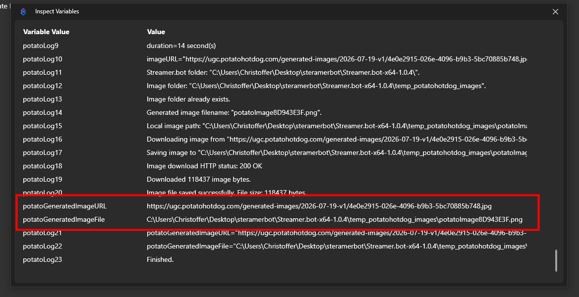 Inspect the generated images variables in action history