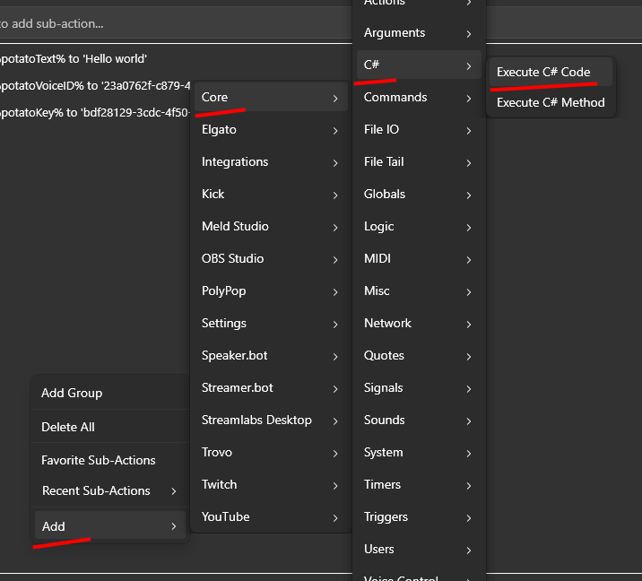 Add an Execute C# Code sub action in Streamer.bot
