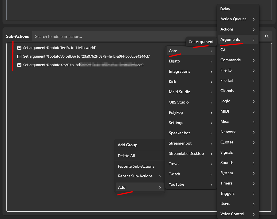 Add a Set Argument sub action in Streamer.bot