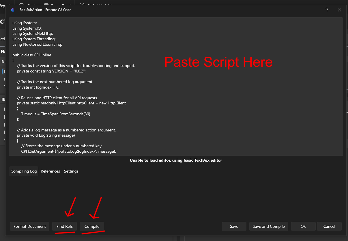 Paste the script and compile it in Streamer.bot