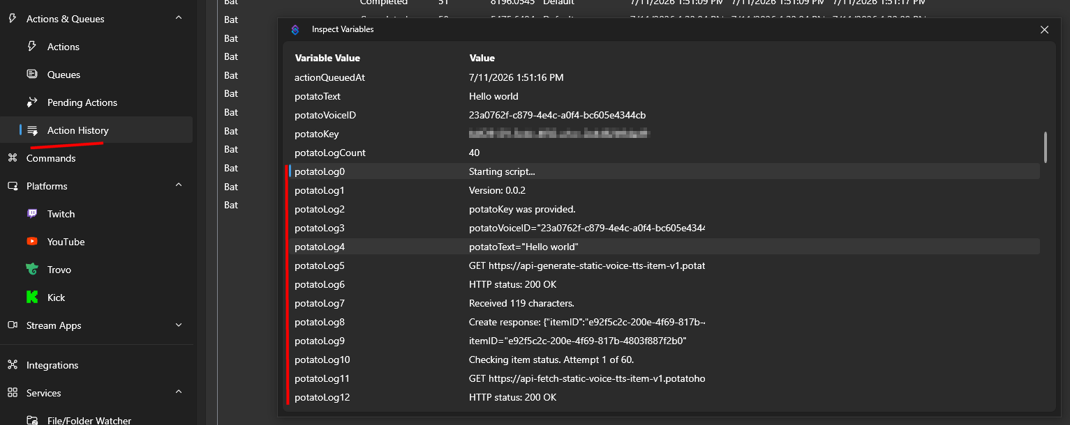 Inspect Action variables via the Action History in Streamer.bot