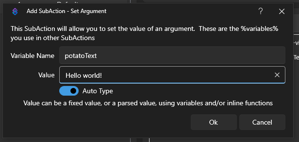 Add a Set Argument sub action in Streamer.bot